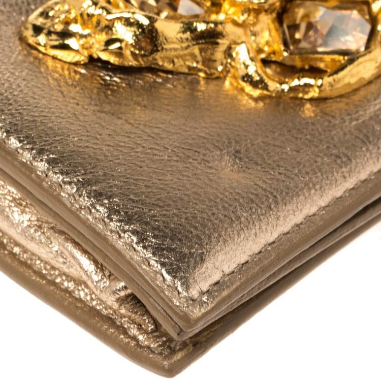 Pre Owned Miu Miu Metallic Gold Leather Crystal Embellishment Chain Card Holder