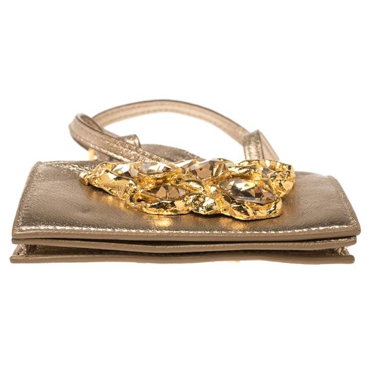 Pre Owned Miu Miu Metallic Gold Leather Crystal Embellishment Chain Card Holder