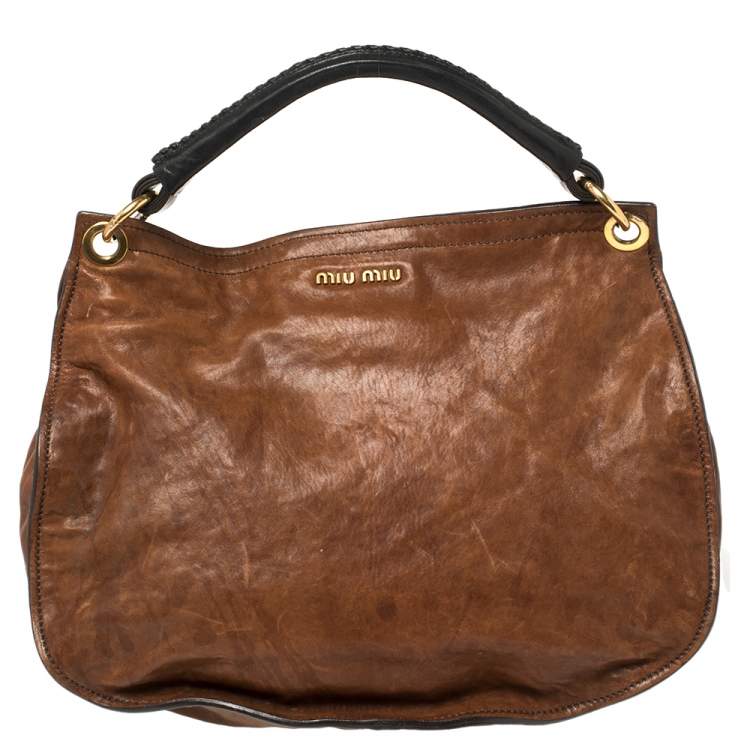 Pre Owned Miu Miu Tri Color Ostrich and Leather Top Handle Bag