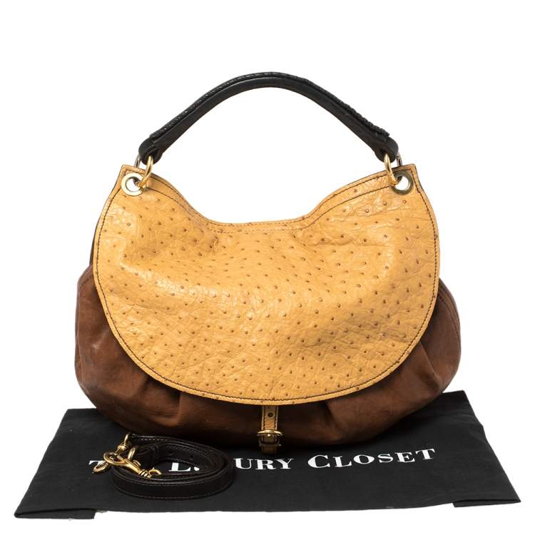 Pre Owned Miu Miu Tri Color Ostrich and Leather Top Handle Bag