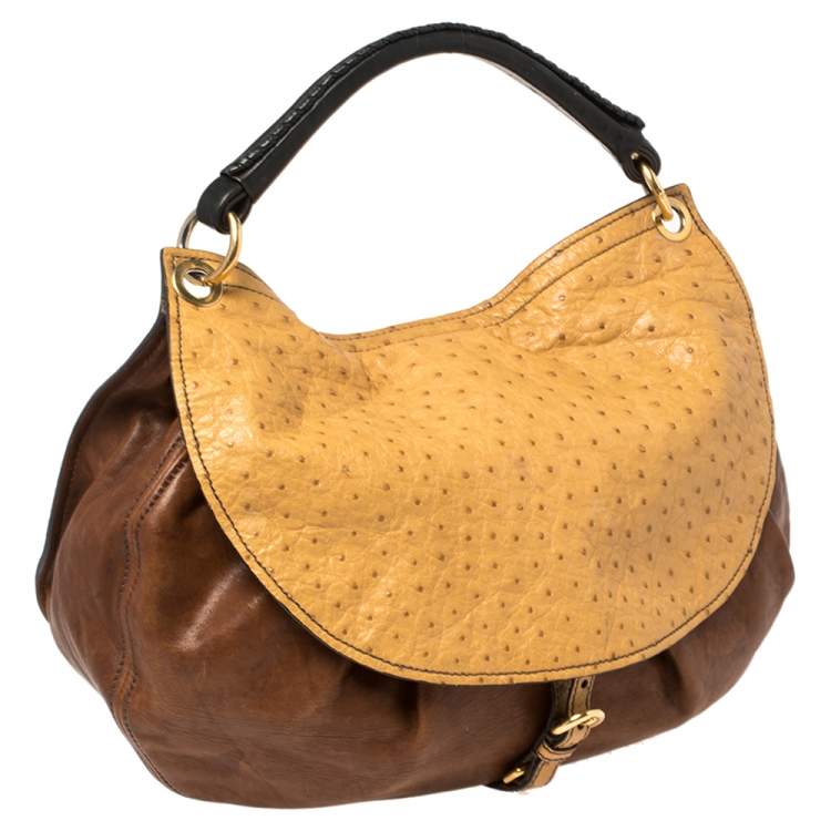 Pre Owned Miu Miu Tri Color Ostrich and Leather Top Handle Bag