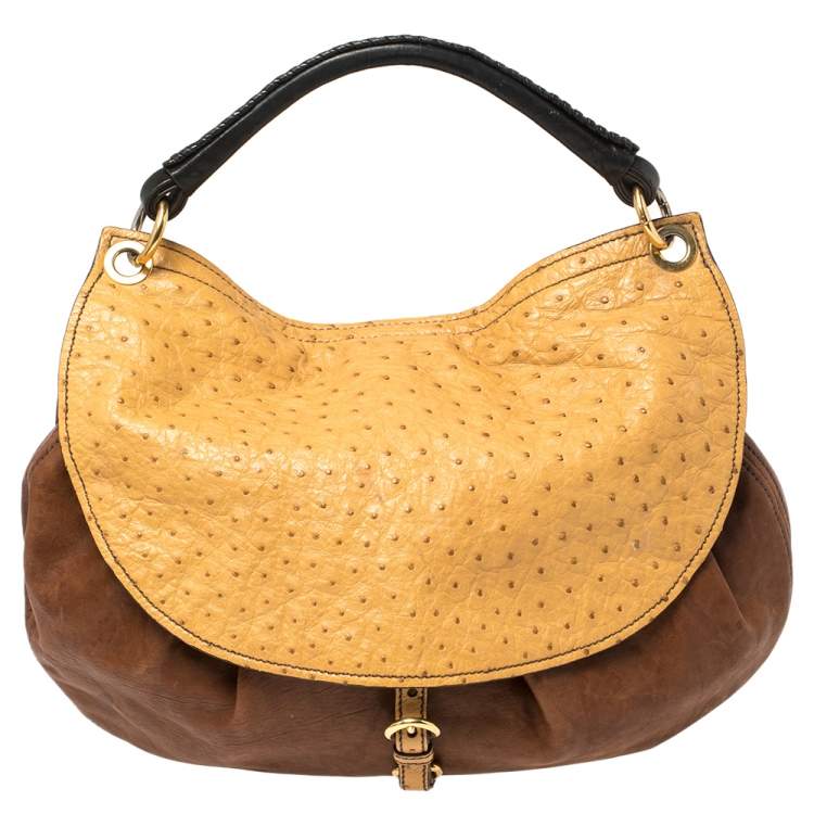 Pre Owned Miu Miu Tri Color Ostrich and Leather Top Handle Bag