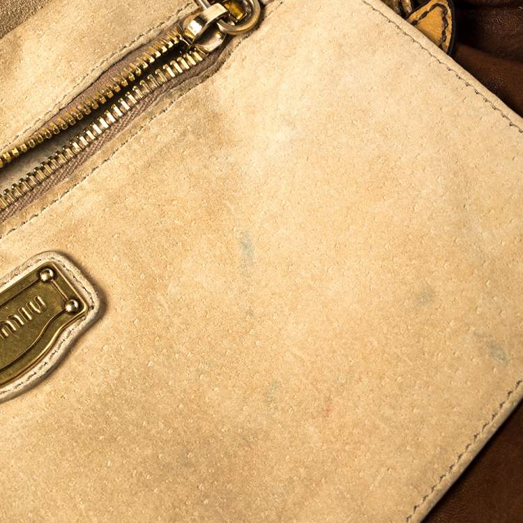 Pre Owned Miu Miu Tri Color Ostrich and Leather Top Handle Bag