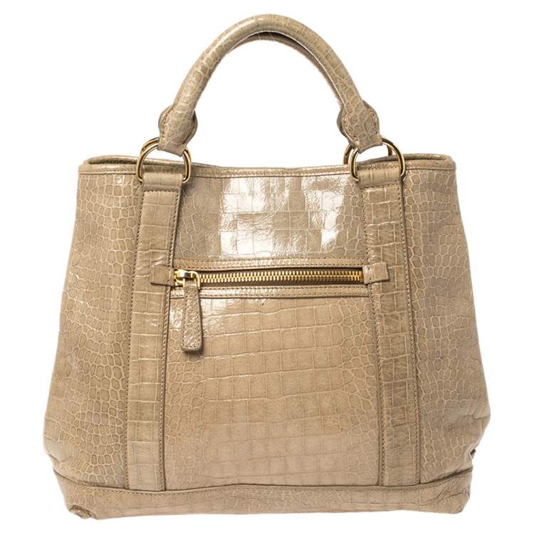 Pre Owned Miu Miu Pale Green Croc Embossed Patent Leather Front Zip Tote