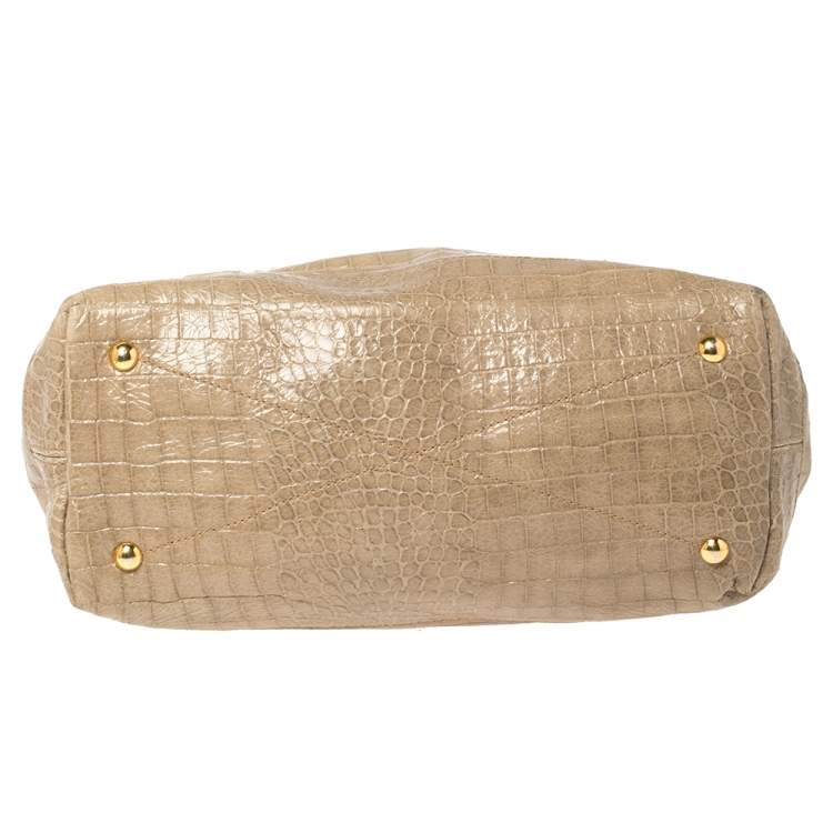 Pre Owned Miu Miu Pale Green Croc Embossed Patent Leather Front Zip Tote