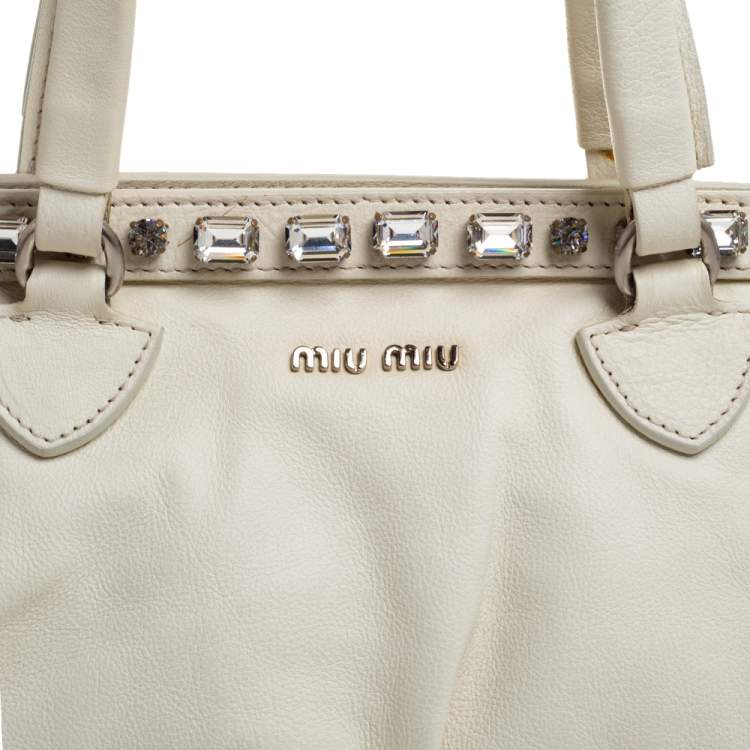 Pre Owned Miu Miu Off White Leather Crystal Embellished Satchel