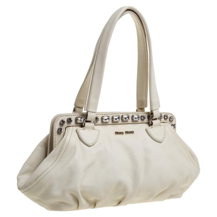 Pre Owned Miu Miu Off White Leather Crystal Embellished Satchel