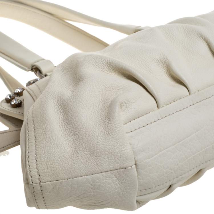 Pre Owned Miu Miu Off White Leather Crystal Embellished Satchel
