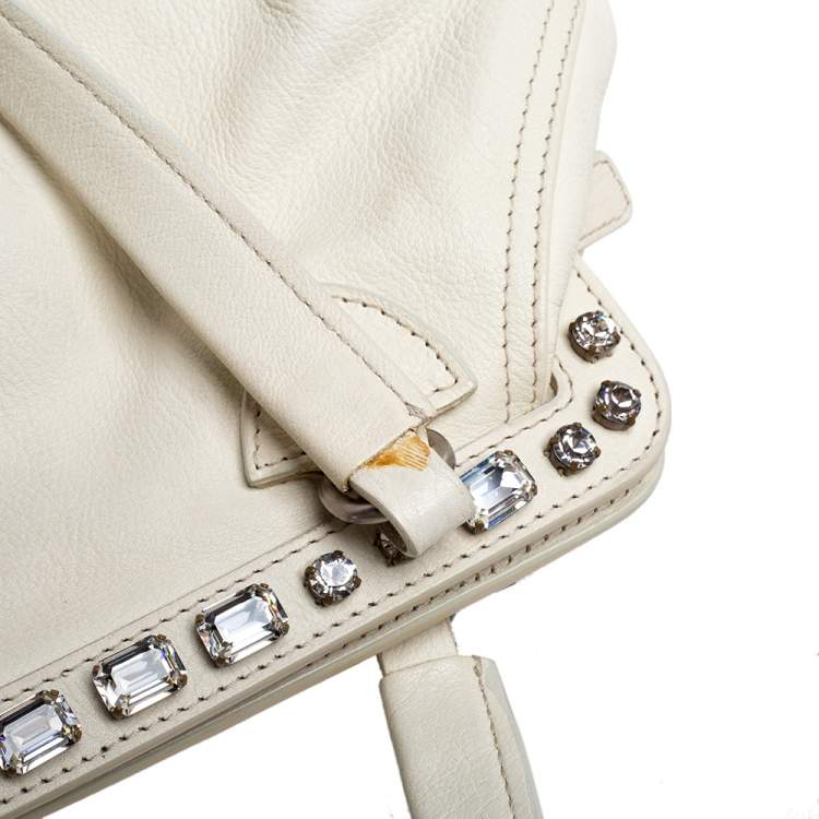 Pre Owned Miu Miu Off White Leather Crystal Embellished Satchel