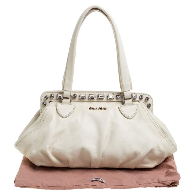 Pre Owned Miu Miu Off White Leather Crystal Embellished Satchel