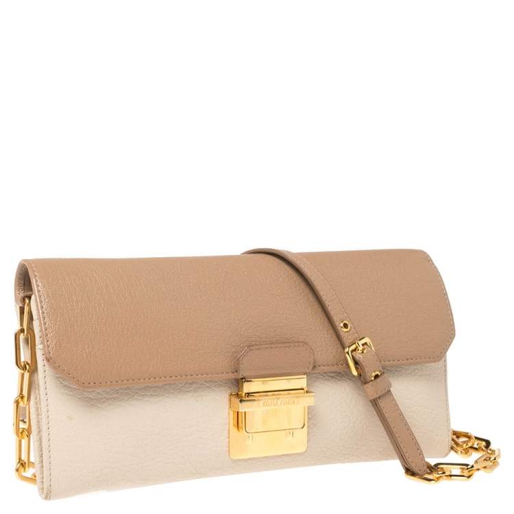 Pre Owned Miu Miu Cream/Beige Leather Wallet On Chain