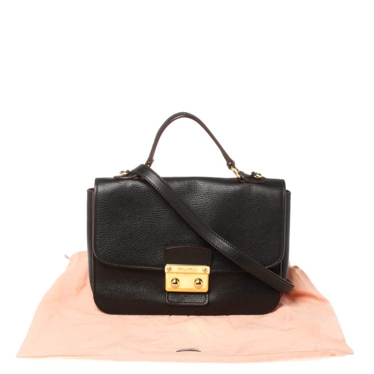 Pre Owned Miu Miu Black Madras Leather Push Lock Flap Top Handle Bag