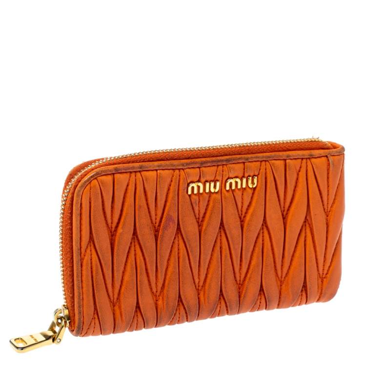 Pre Owned Miu Miu Orange Matelassé Leather Zip Pouch