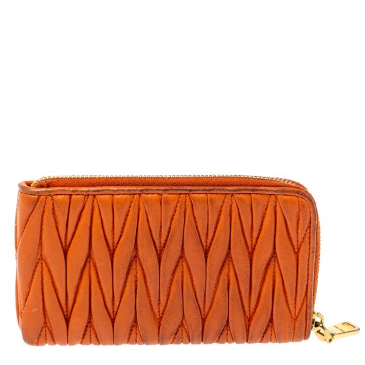 Pre Owned Miu Miu Orange Matelassé Leather Zip Pouch