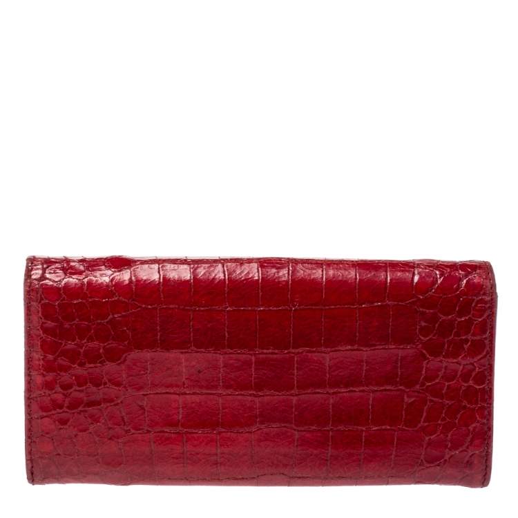 Pre Owned Miu Miu Red Crocodile Effect Patent Leather Flap Continental Wallet