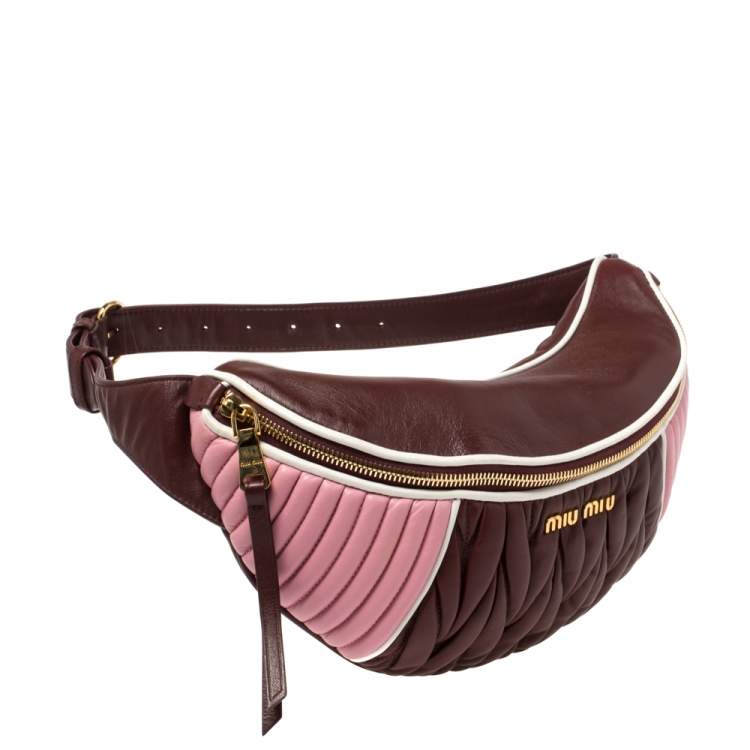 Pre Owned Miu Miu Burgundy/Pink Matelassé Leather Rider Belt Bag