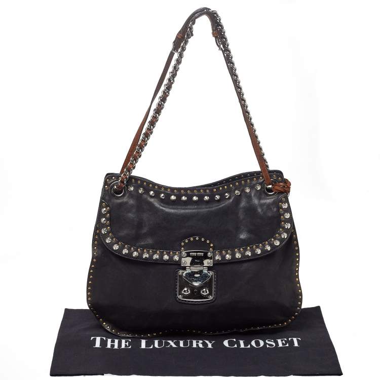 Pre Owned Miu Miu Black Leather Studded Shoulder Bag