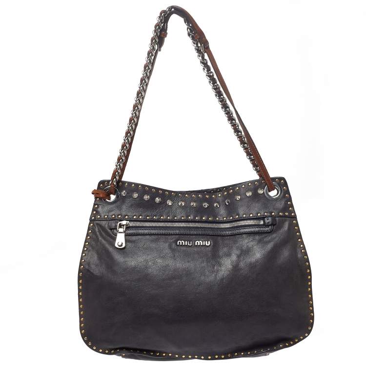 Pre Owned Miu Miu Black Leather Studded Shoulder Bag