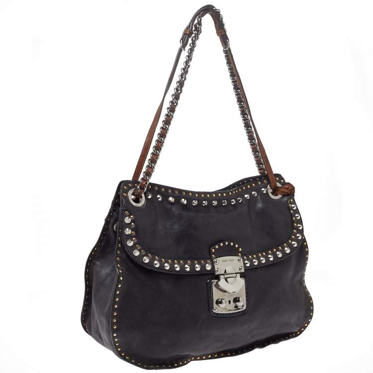 Pre Owned Miu Miu Black Leather Studded Shoulder Bag