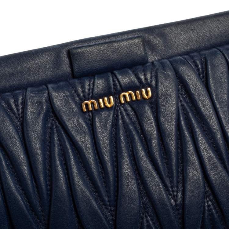 Pre Owned Miu Miu Navy Blue Matelasse Leather Frame Clutch Bag