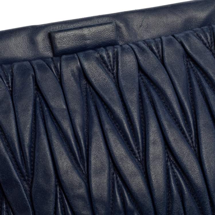 Pre Owned Miu Miu Navy Blue Matelasse Leather Frame Clutch Bag