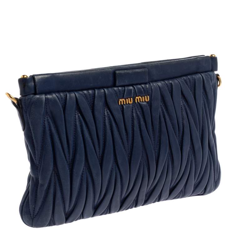 Pre Owned Miu Miu Navy Blue Matelasse Leather Frame Clutch Bag