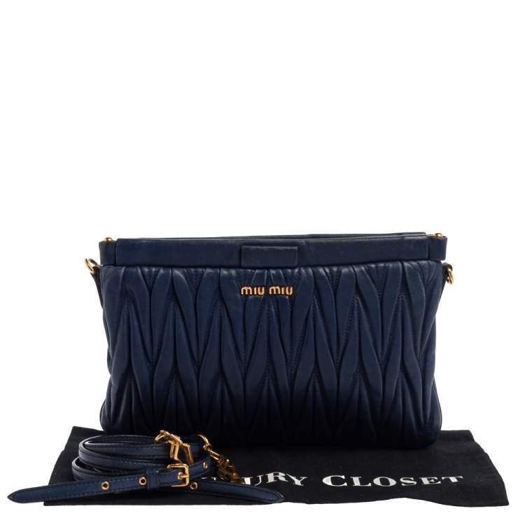 Pre Owned Miu Miu Navy Blue Matelasse Leather Frame Clutch Bag