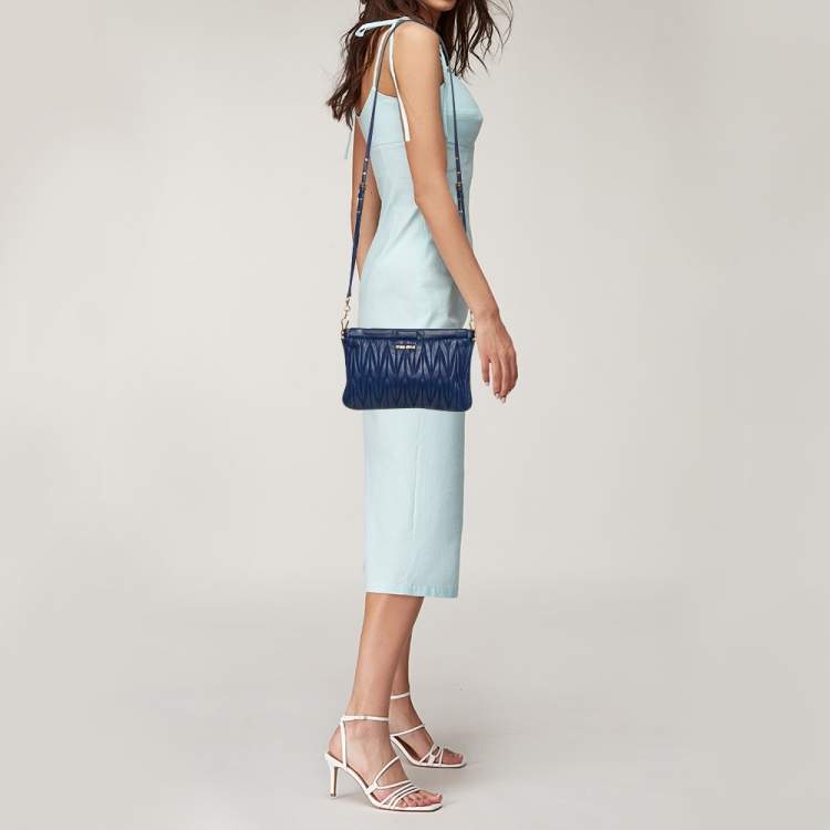 Pre Owned Miu Miu Navy Blue Matelasse Leather Frame Clutch Bag