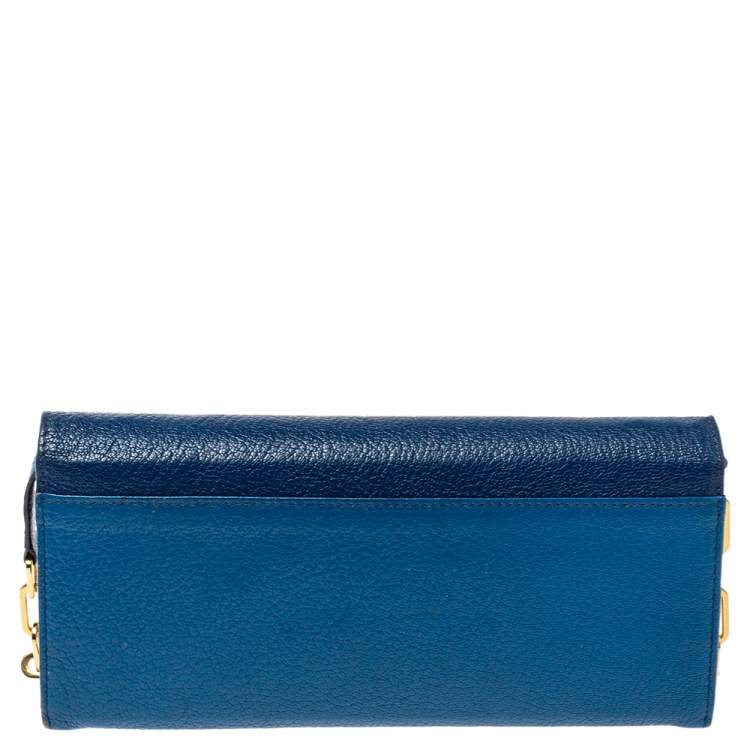 Pre Owned Miu Miu Two Tone Blue Leather Logo Flap Wallet on Chain
