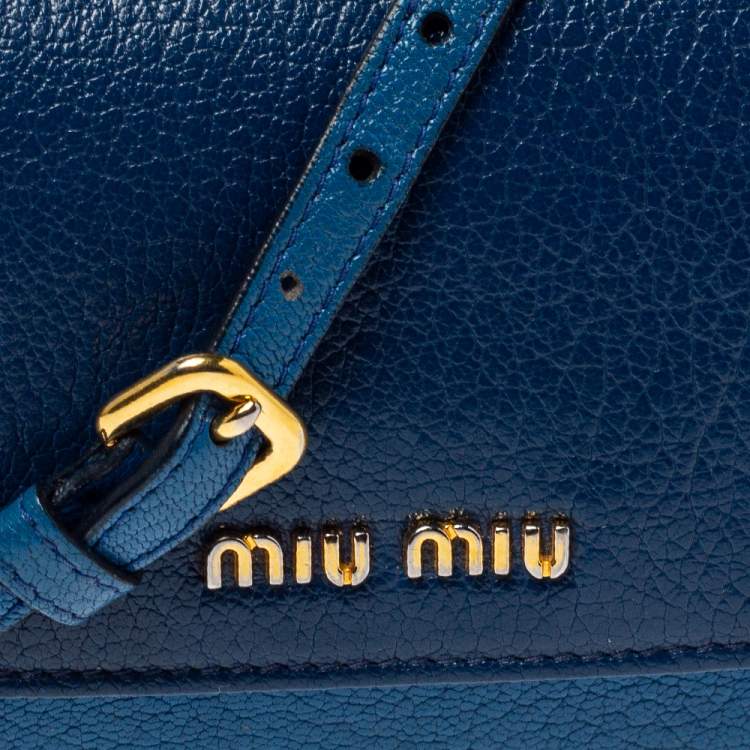 Pre Owned Miu Miu Two Tone Blue Leather Logo Flap Wallet on Chain
