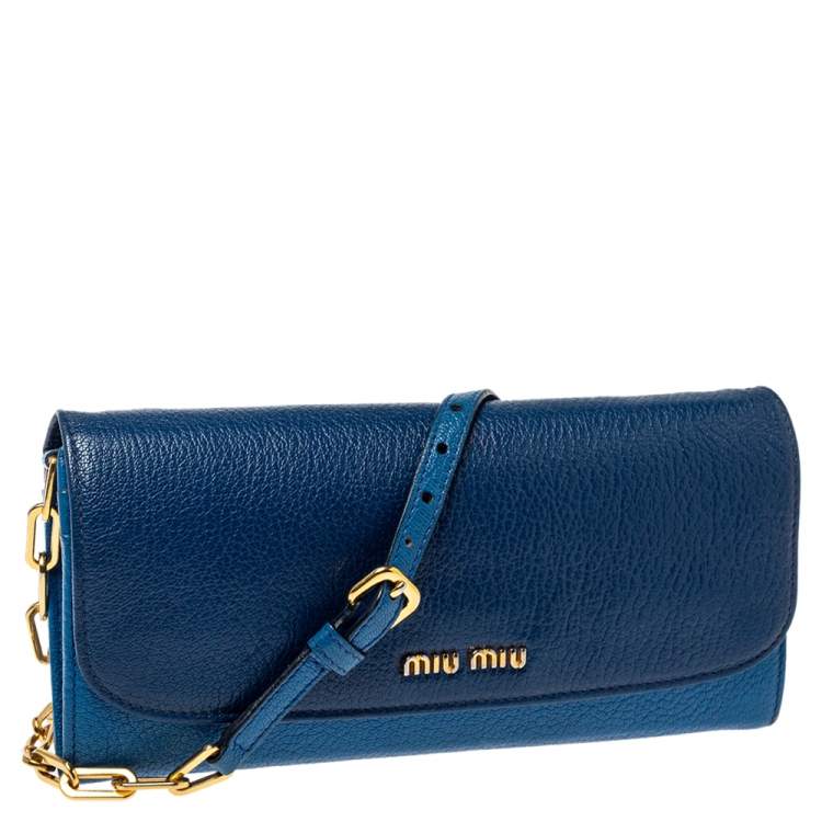 Pre Owned Miu Miu Two Tone Blue Leather Logo Flap Wallet on Chain