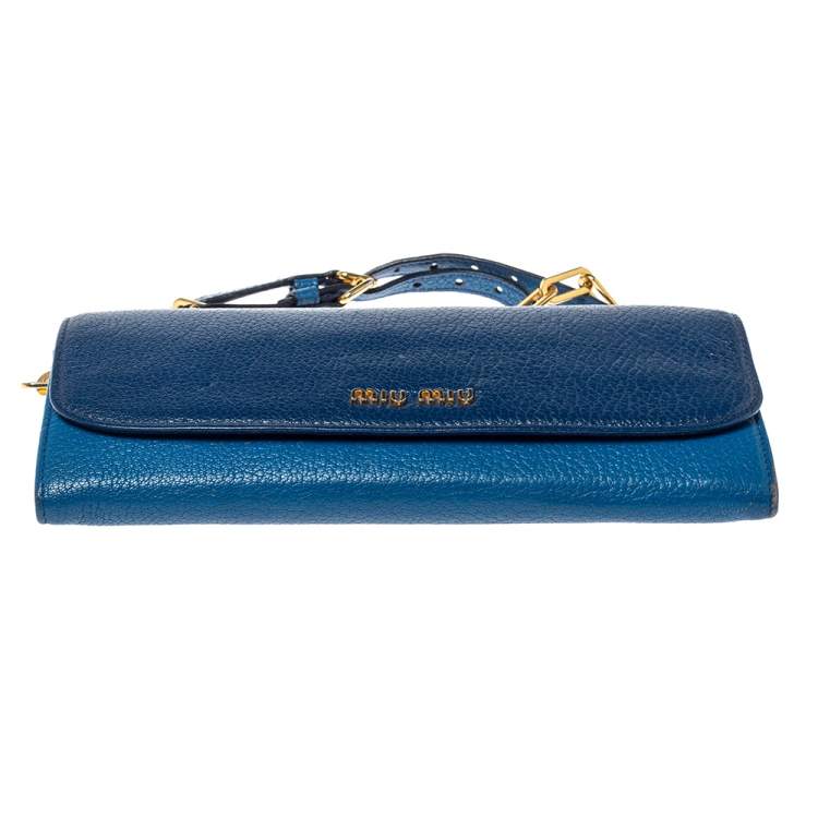 Pre Owned Miu Miu Two Tone Blue Leather Logo Flap Wallet on Chain