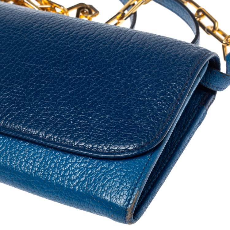 Pre Owned Miu Miu Two Tone Blue Leather Logo Flap Wallet on Chain