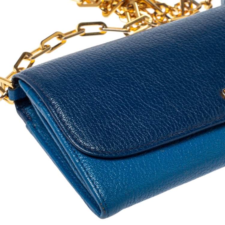 Pre Owned Miu Miu Two Tone Blue Leather Logo Flap Wallet on Chain