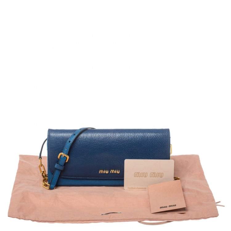 Pre Owned Miu Miu Two Tone Blue Leather Logo Flap Wallet on Chain