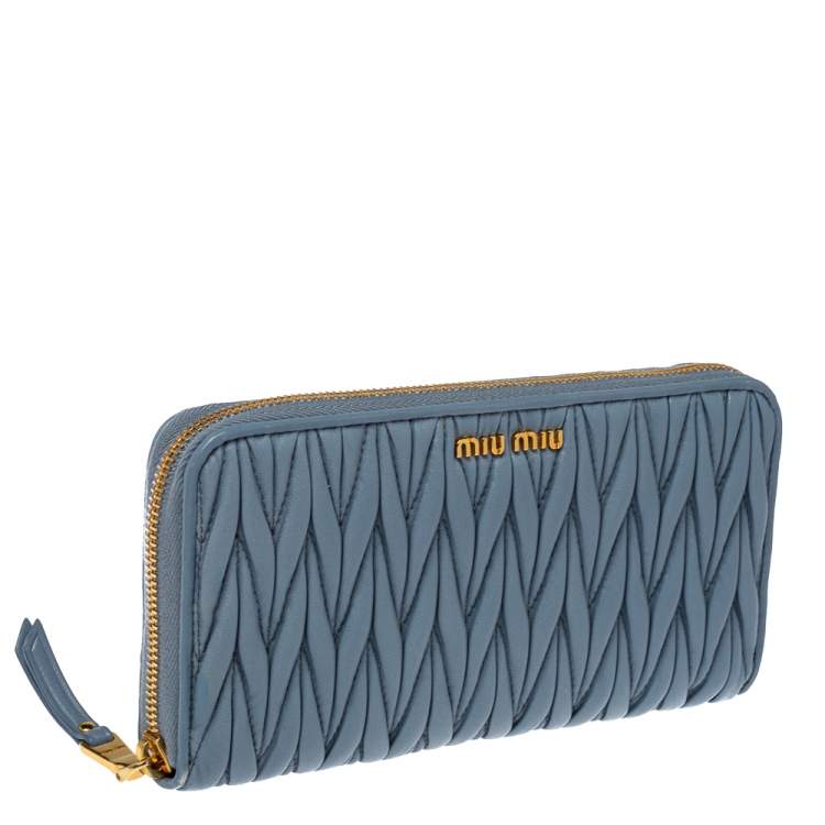 Pre Owned Miu Miu Blue Matelasse Leather Zip-Around Wallet