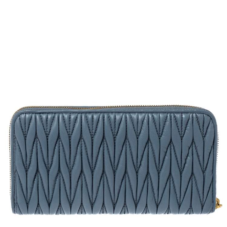 Pre Owned Miu Miu Blue Matelasse Leather Zip-Around Wallet