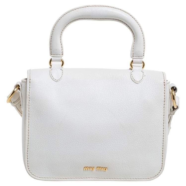 Pre Owned Miu Miu White Leather Madras Top Handle Bag