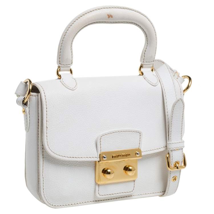 Pre Owned Miu Miu White Leather Madras Top Handle Bag