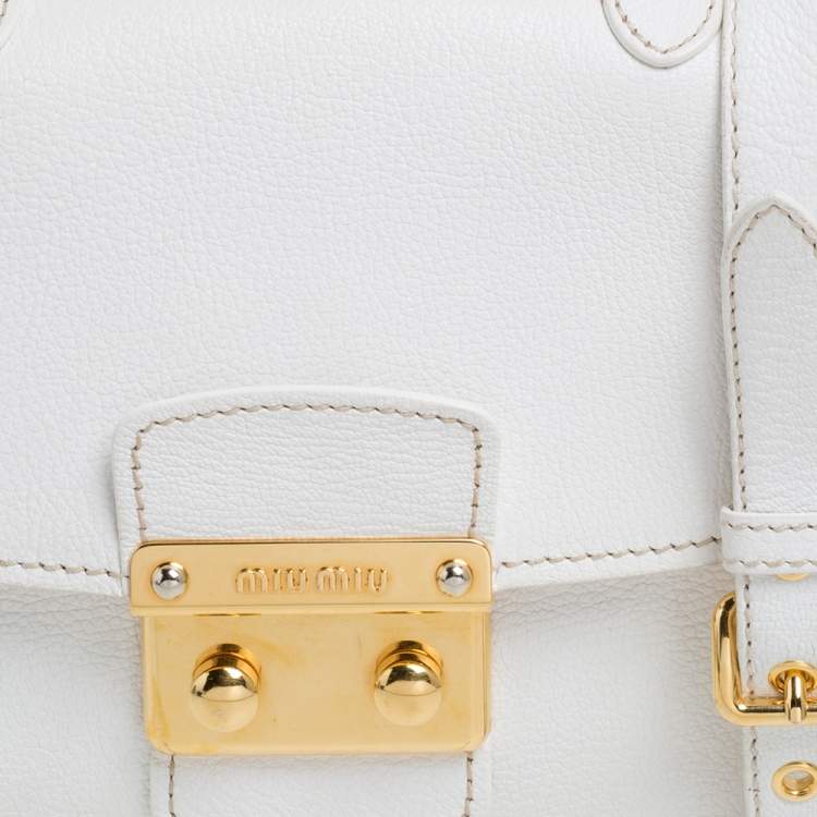 Pre Owned Miu Miu White Leather Madras Top Handle Bag