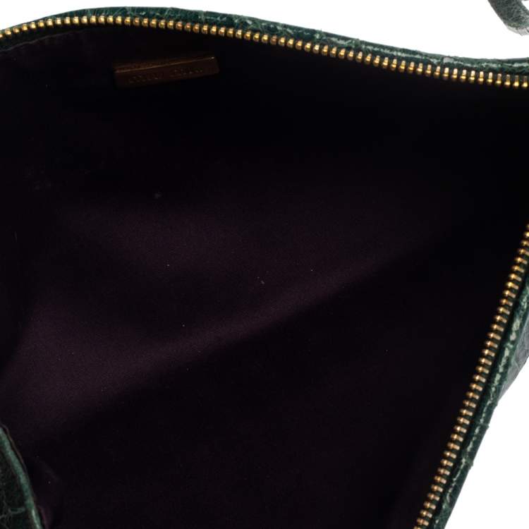 Pre Owned Miu Miu Green Croc Embossed Leather Wristlet Clutch