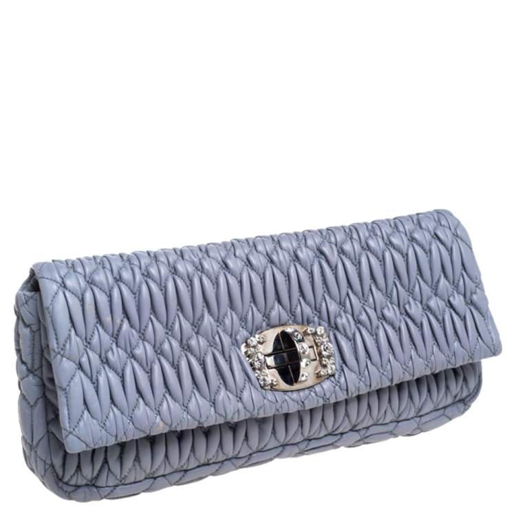 Pre Owned Miu Miu Blue Matelassé Leather Crystal Embellished Clutch