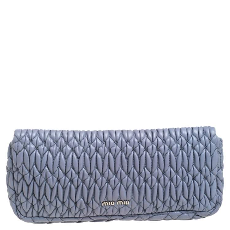 Pre Owned Miu Miu Blue Matelassé Leather Crystal Embellished Clutch