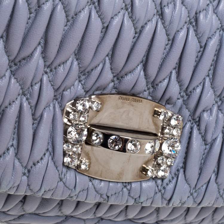 Pre Owned Miu Miu Blue Matelassé Leather Crystal Embellished Clutch