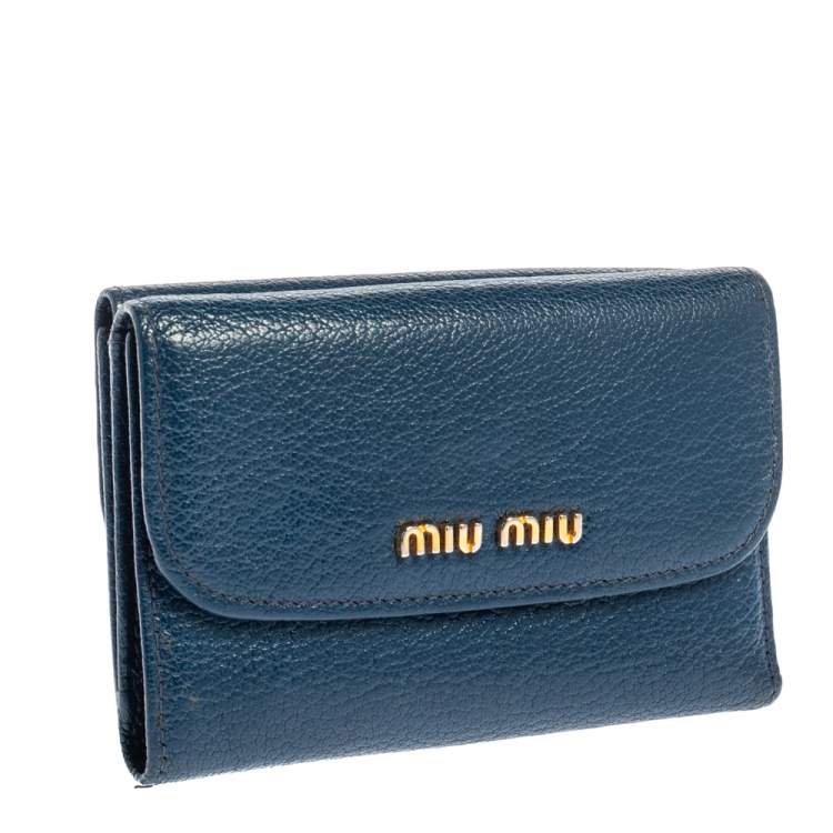 Pre Owned Miu Miu Blue Leather Madras Compact Wallet