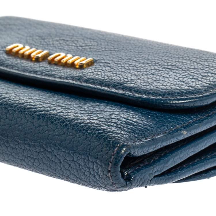 Pre Owned Miu Miu Blue Leather Madras Compact Wallet