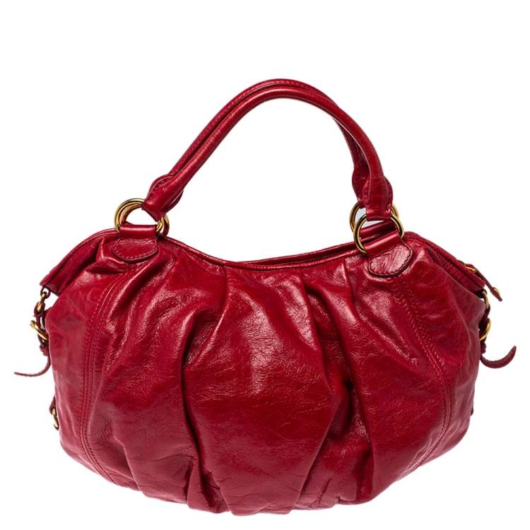 Pre Owned Miu Miu Red Leather Gathered Hobo