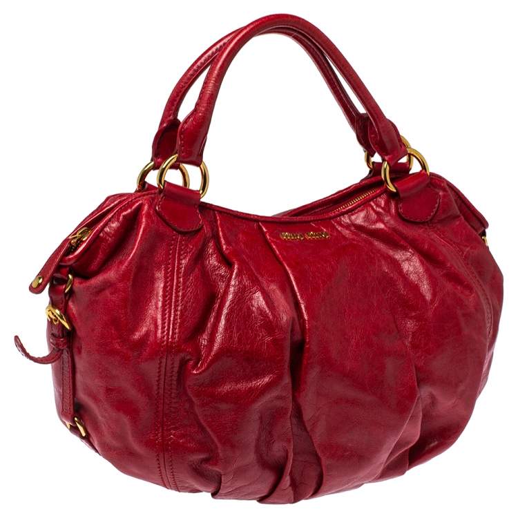 Pre Owned Miu Miu Red Leather Gathered Hobo