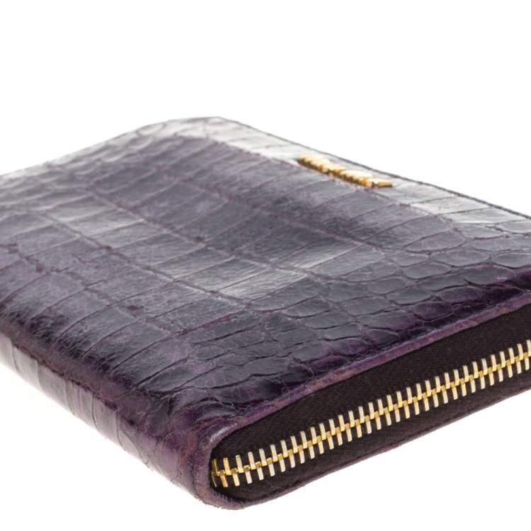 Pre Owned Miu Miu Purple Croc Embossed Leather Zip Around Wallet