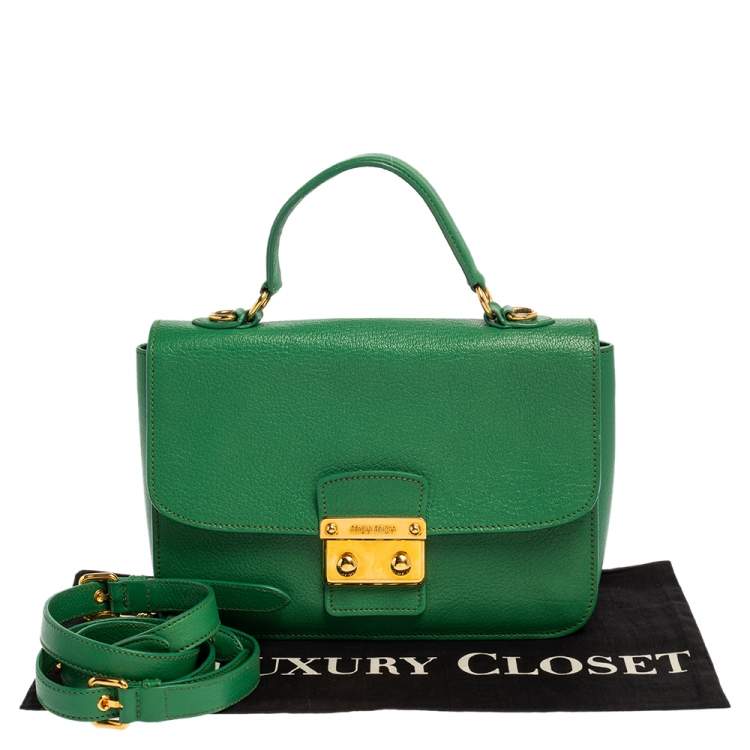 Pre Owned Miu Miu Green Madras Leather Push Lock Flap Top Handle Bag